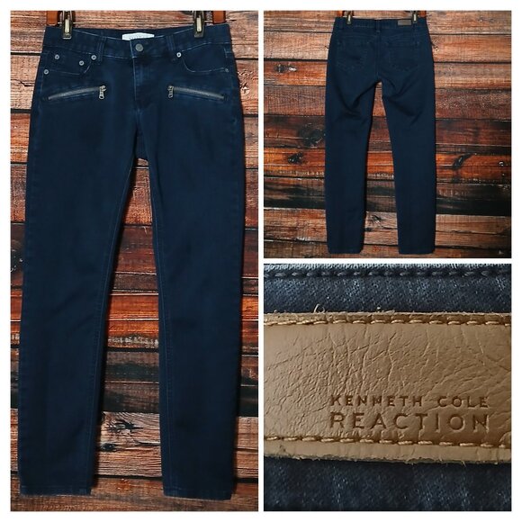 Kenneth Cole Reaction Jeans Size 4 Moto Skinny Ankle Low Rise Dark Wash Denim - Picture 1 of 11